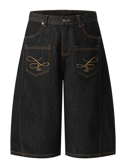 Men's Wide Leg Denim Shorts with Embroidered Pocket Detail - Couture Envy