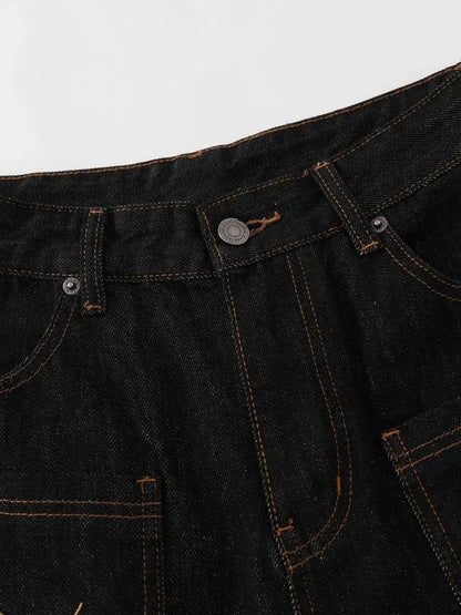 Men's Wide Leg Denim Shorts with Embroidered Pocket Detail - Couture Envy