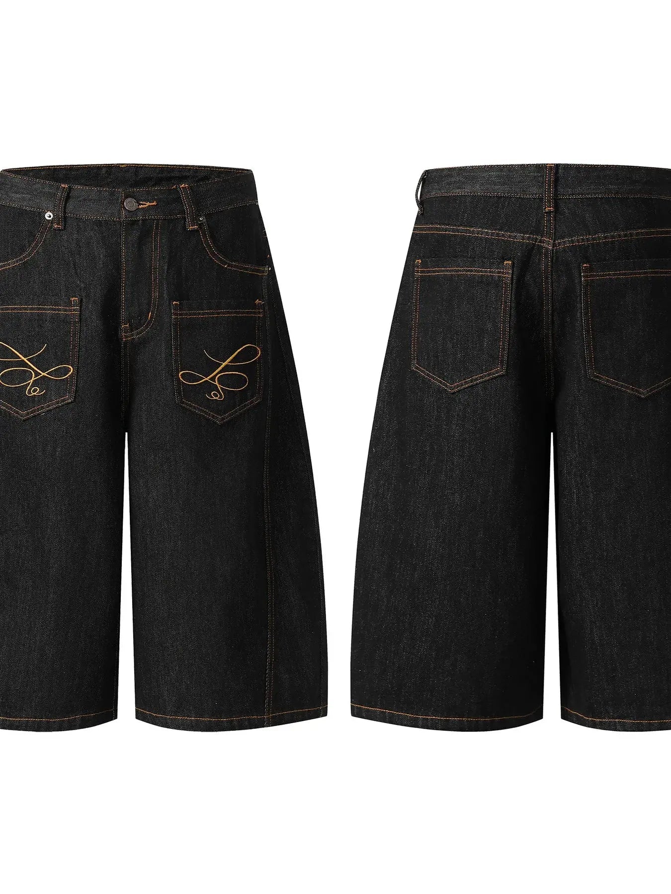 Men's Wide Leg Denim Shorts with Embroidered Pocket Detail - Couture Envy