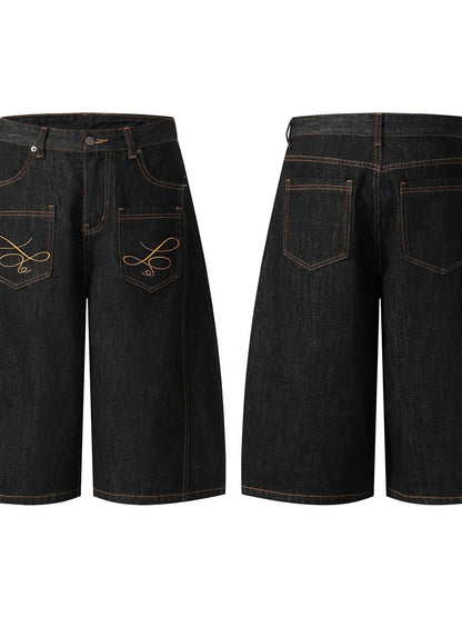 Men's Wide Leg Denim Shorts with Embroidered Pocket Detail - Couture Envy