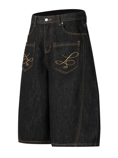 Men's Wide Leg Denim Shorts with Embroidered Pocket Detail - Couture Envy