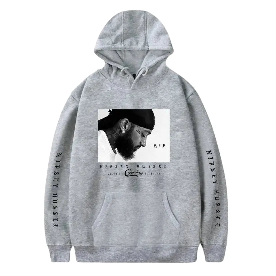 Front view of Grey Nipsey Hussle Hoodie & Sweatshirt - flat lay om white background.