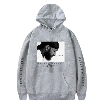 Front view of Grey Nipsey Hussle Hoodie & Sweatshirt - flat lay om white background.
