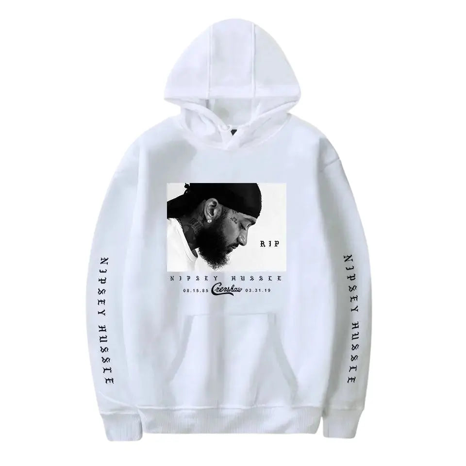 Front view of White Nipsey Hussle Hoodie & Sweatshirt - flat lay om white background.