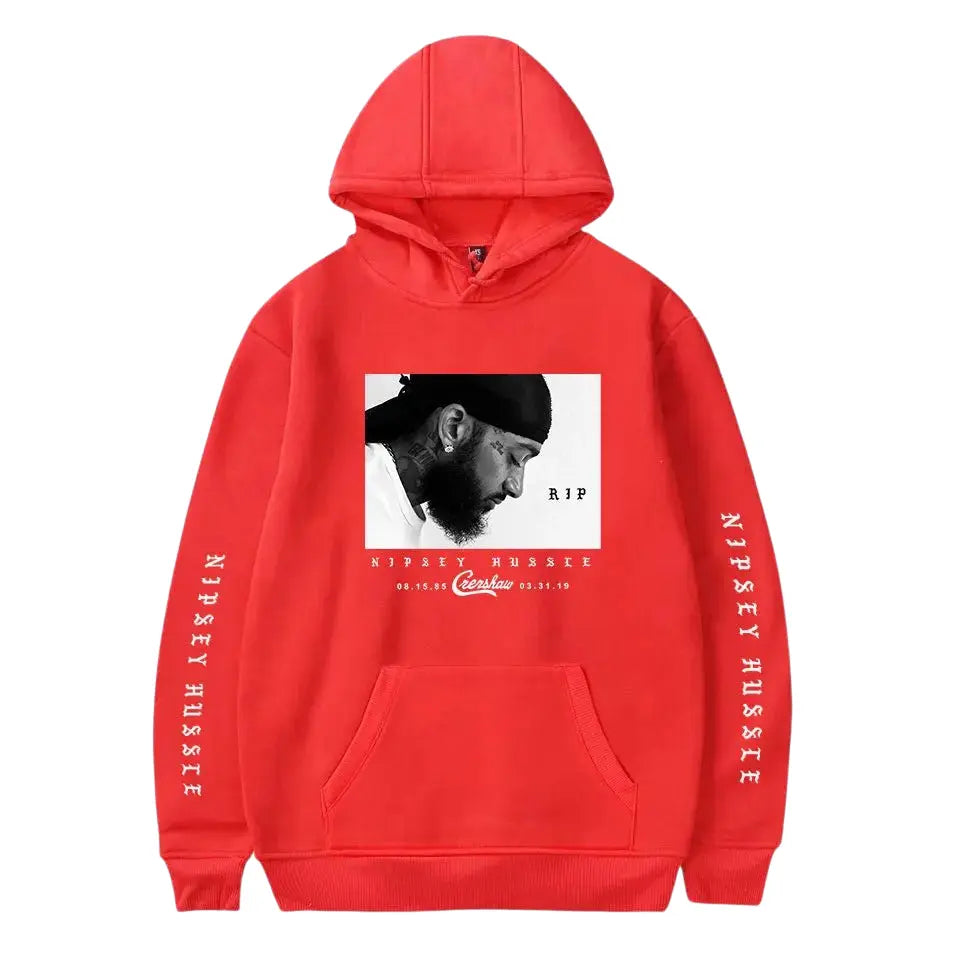Front view of Red Nipsey Hussle Hoodie & Sweatshirt - flat lay om white background.