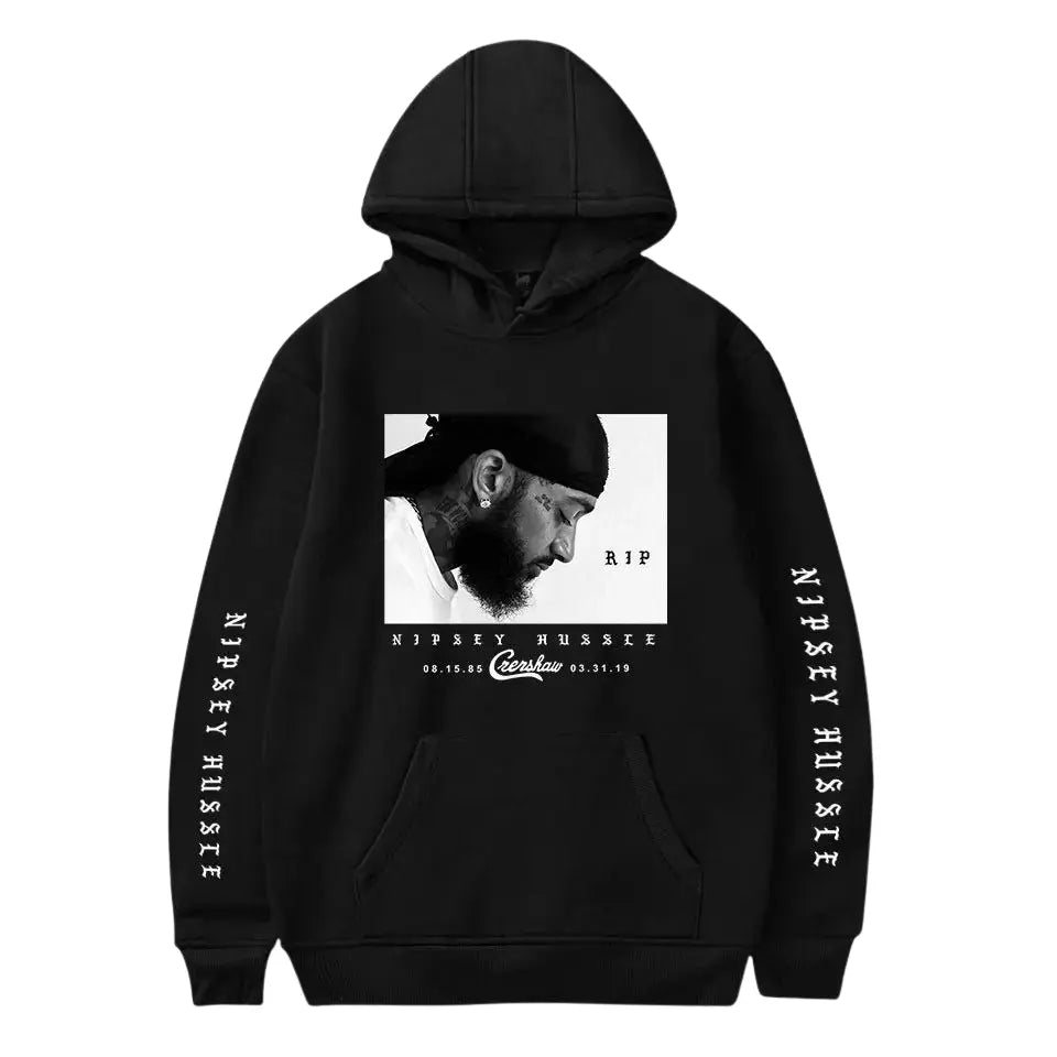 Front view of Black Nipsey Hussle Hoodie & Sweatshirt - flat lay om white background.