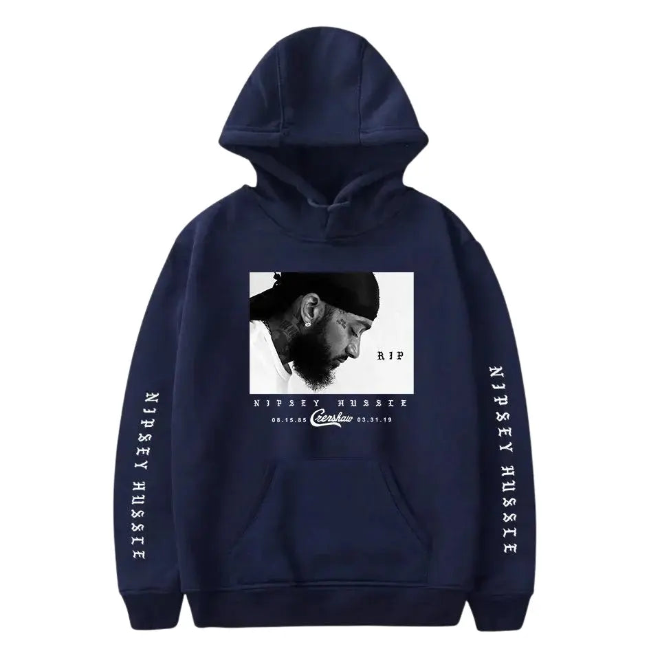 Front view of Dark Blue Nipsey Hussle Hoodie & Sweatshirt - flat lay om white background.