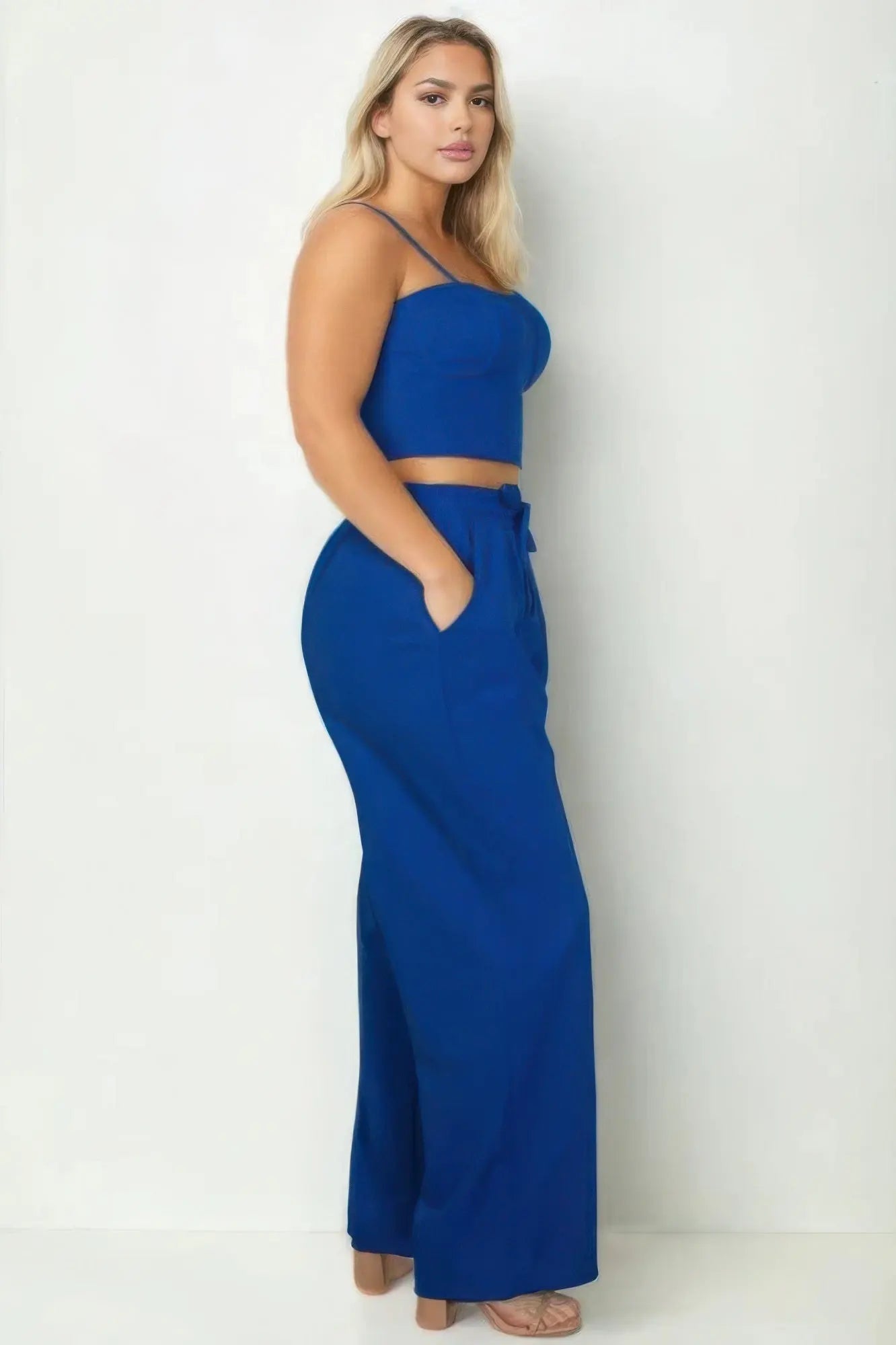 Plus Bustier Crop Cami Top & Slant Pocket Straight Pants - Couture Envy