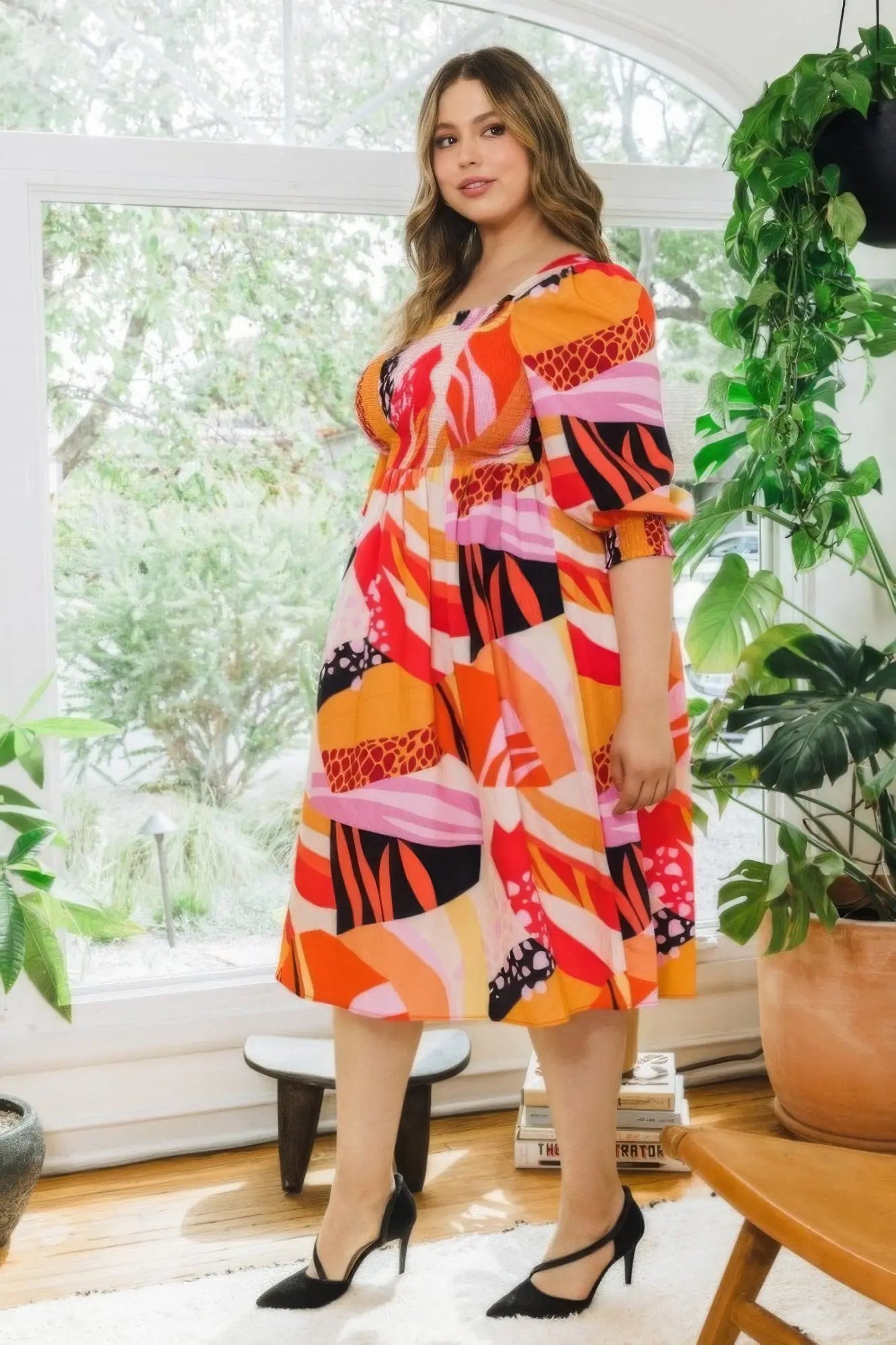 Plus Floral Print Square Neckline Midi Dress - Couture Envy