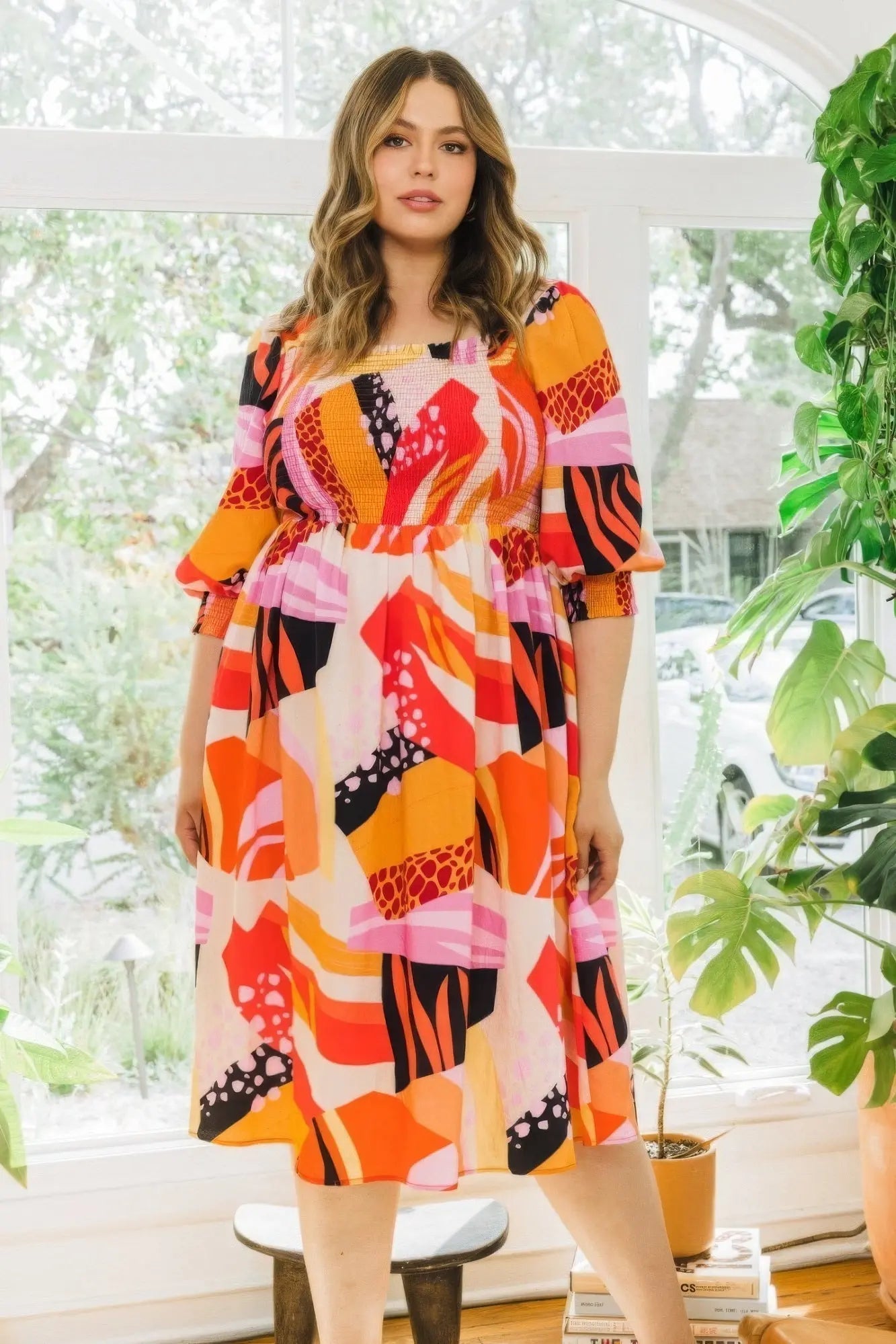 Plus Floral Print Square Neckline Midi Dress - Couture Envy