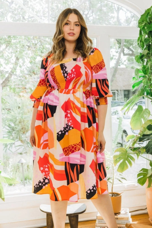 Plus Floral Print Square Neckline Midi Dress - Couture Envy