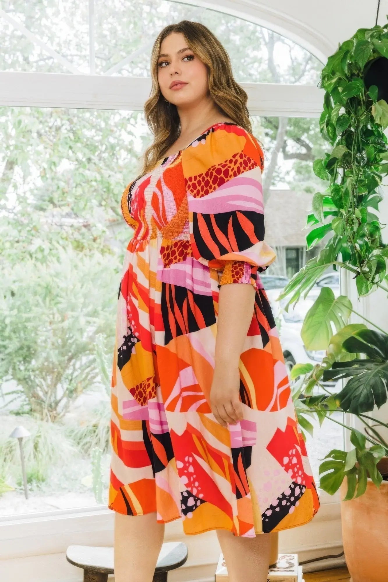 Plus Floral Print Square Neckline Midi Dress - Couture Envy
