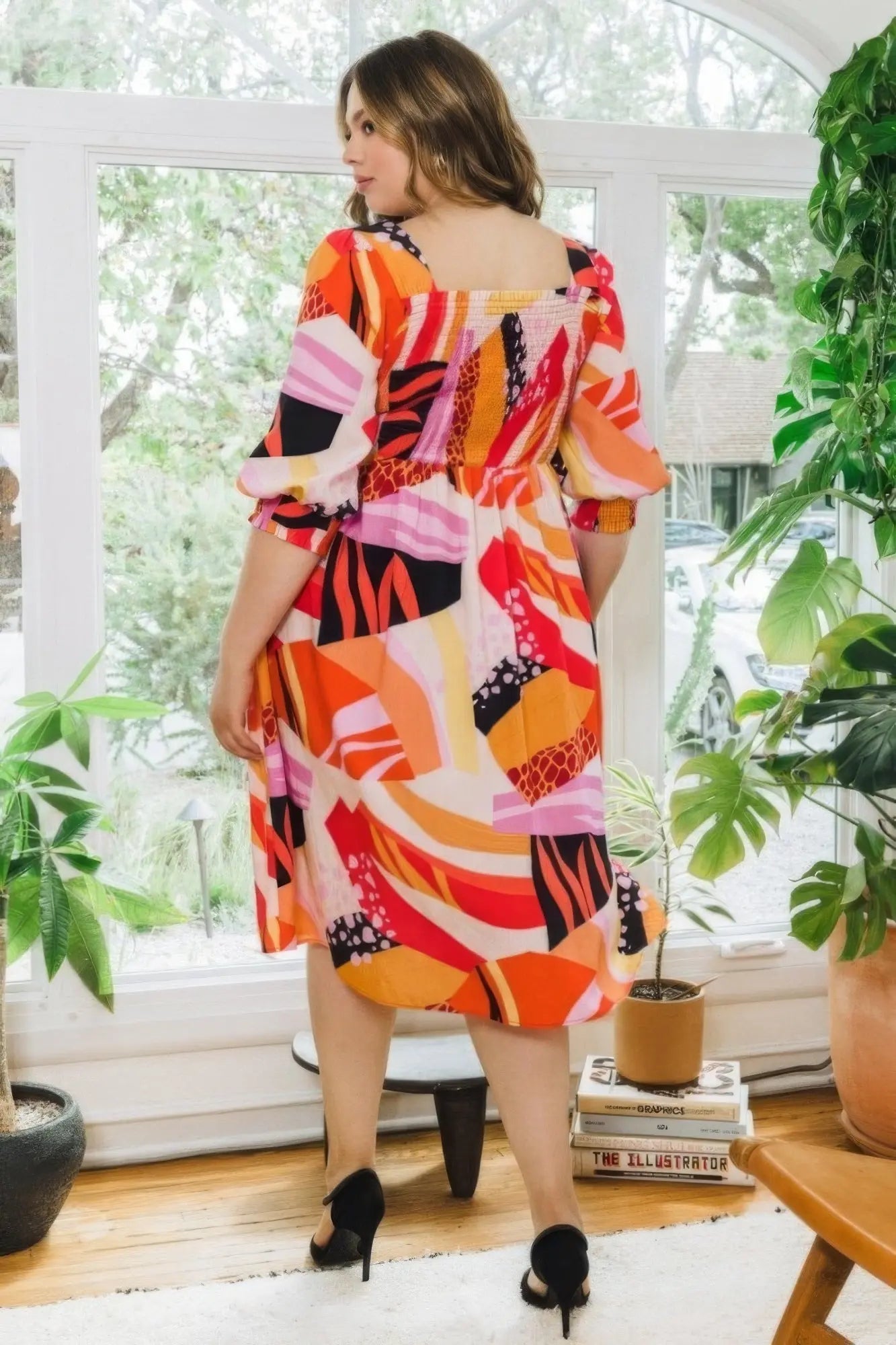 Plus Floral Print Square Neckline Midi Dress - Couture Envy