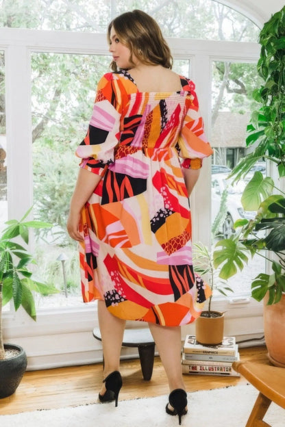 Plus Floral Print Square Neckline Midi Dress - Couture Envy