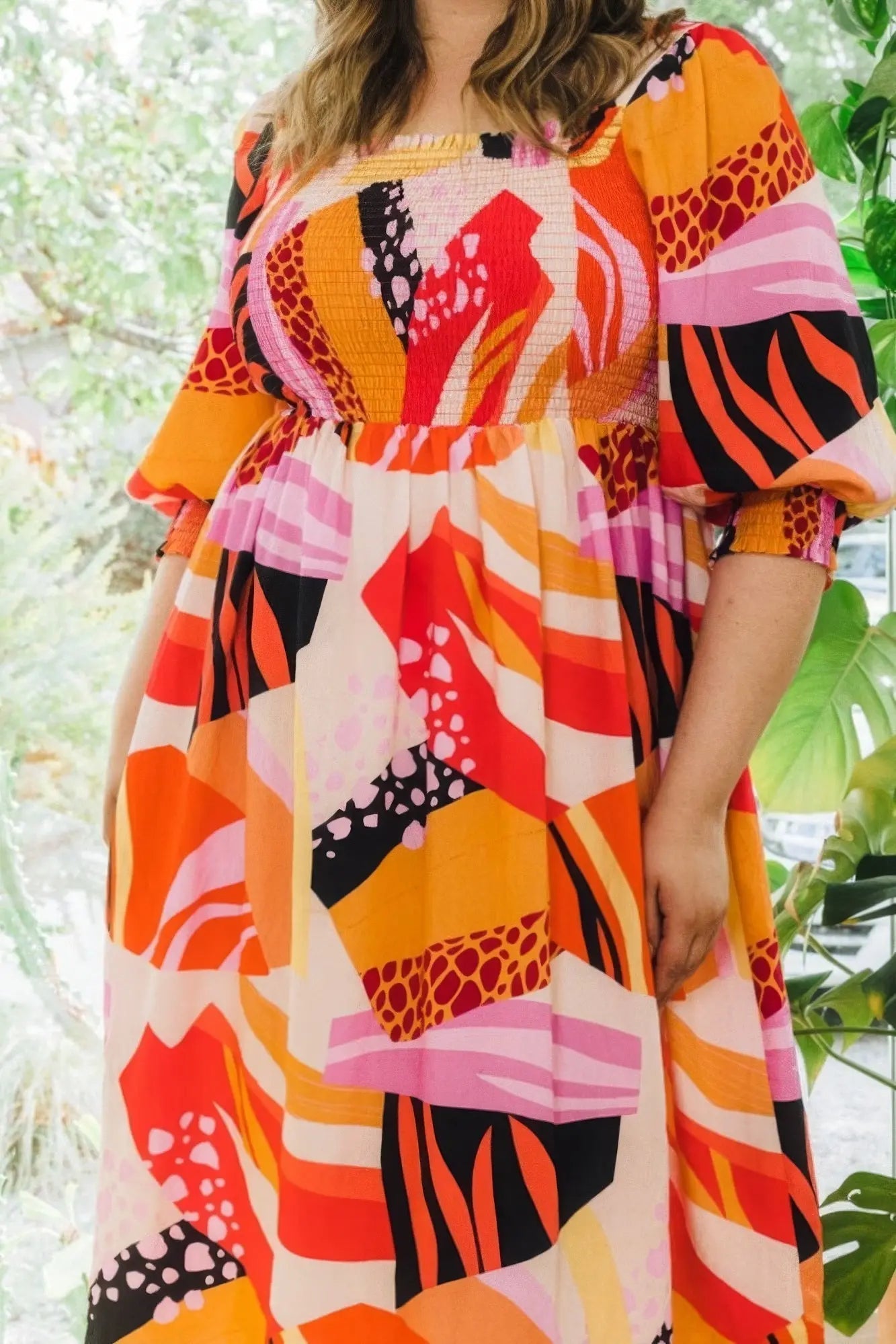 Plus Floral Print Square Neckline Midi Dress - Couture Envy