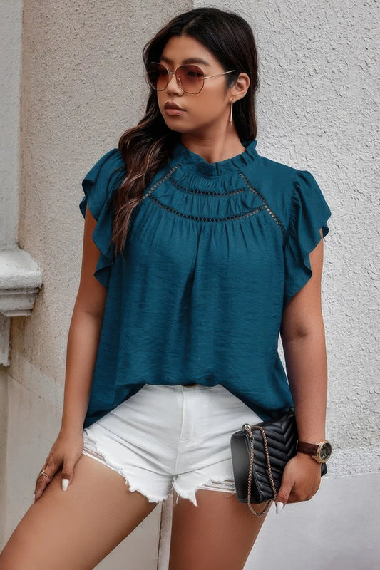 Plus Hollow Out Frill Collar Cap Sleeves Shirt - Couture Envy