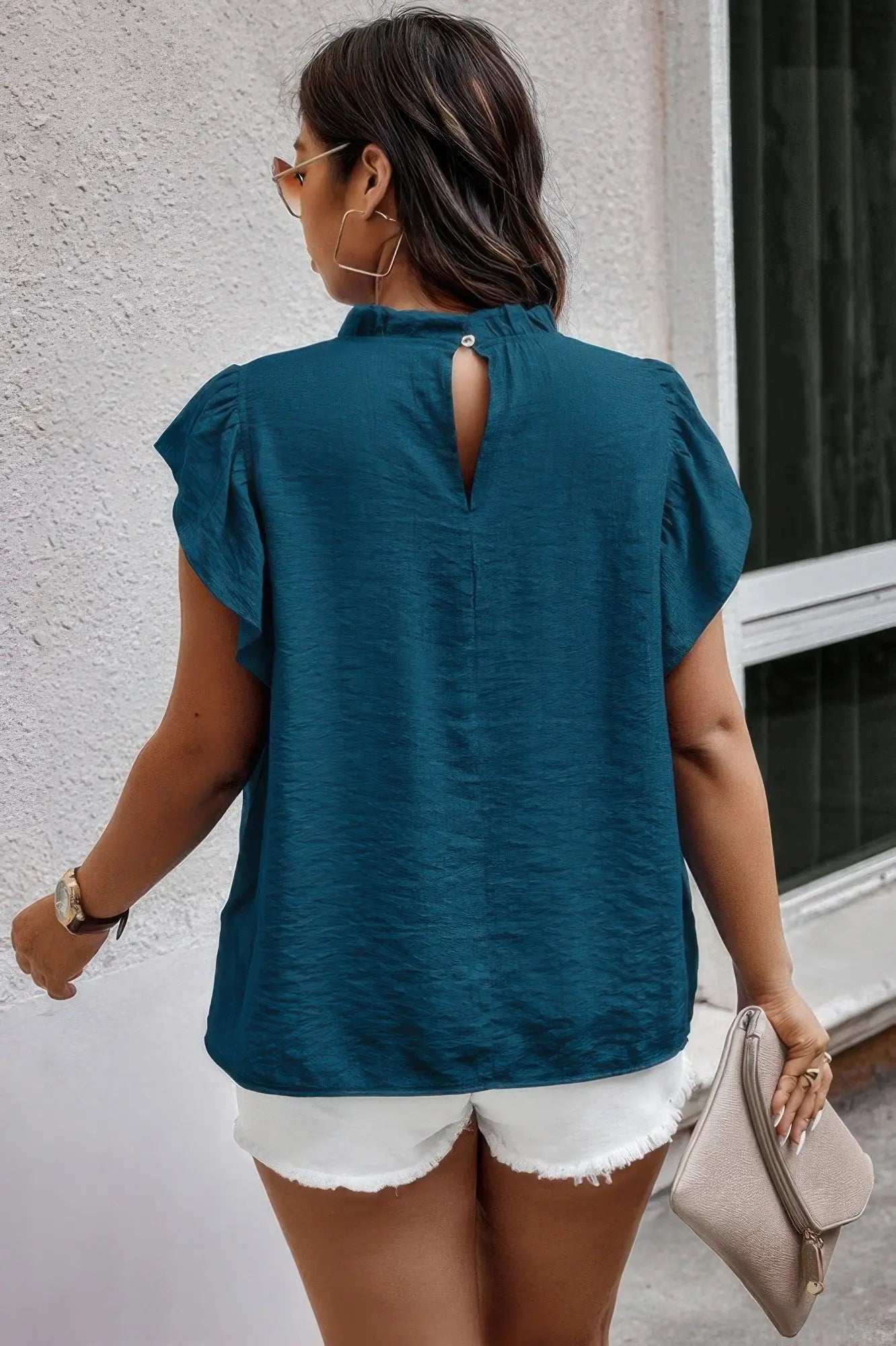 Plus Hollow Out Frill Collar Cap Sleeves Shirt - Couture Envy
