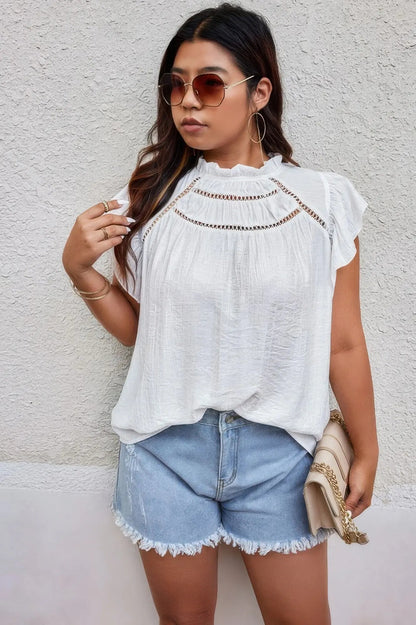 Plus Hollow Out Frill Collar Cap Sleeves Shirt - Couture Envy