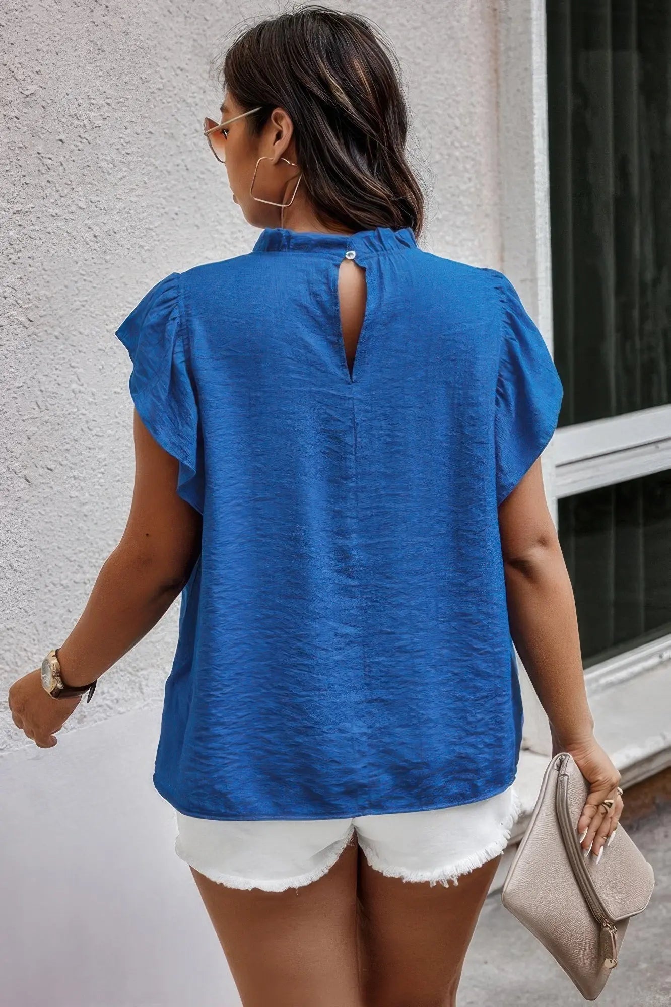 Plus Hollow Out Frill Collar Cap Sleeves Shirt - Couture Envy
