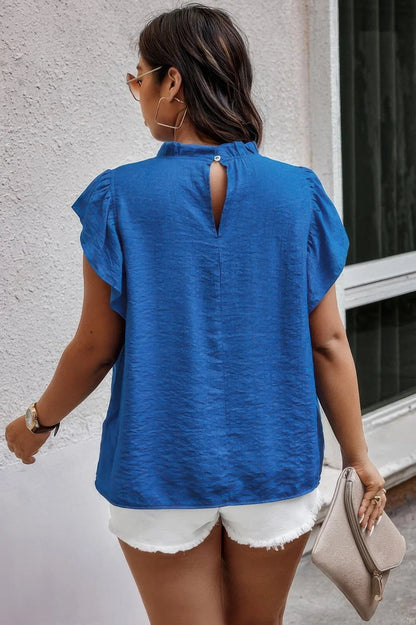 Plus Hollow Out Frill Collar Cap Sleeves Shirt - Couture Envy