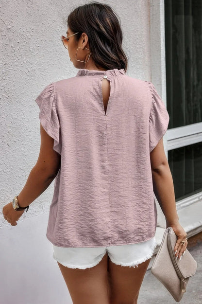 Plus Hollow Out Frill Collar Cap Sleeves Shirt - Couture Envy