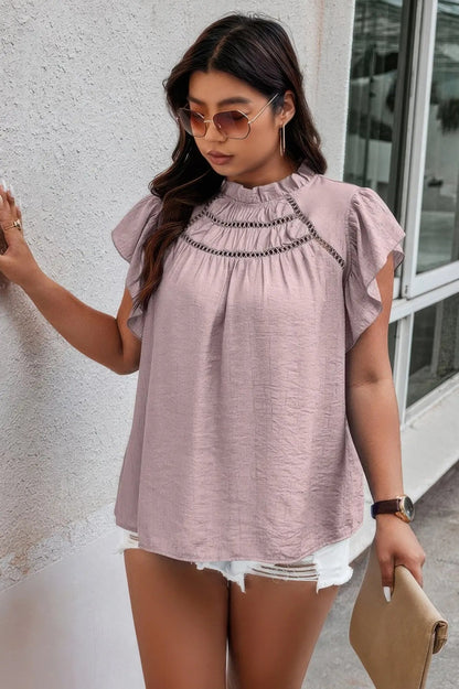 Plus Hollow Out Frill Collar Cap Sleeves Shirt - Couture Envy