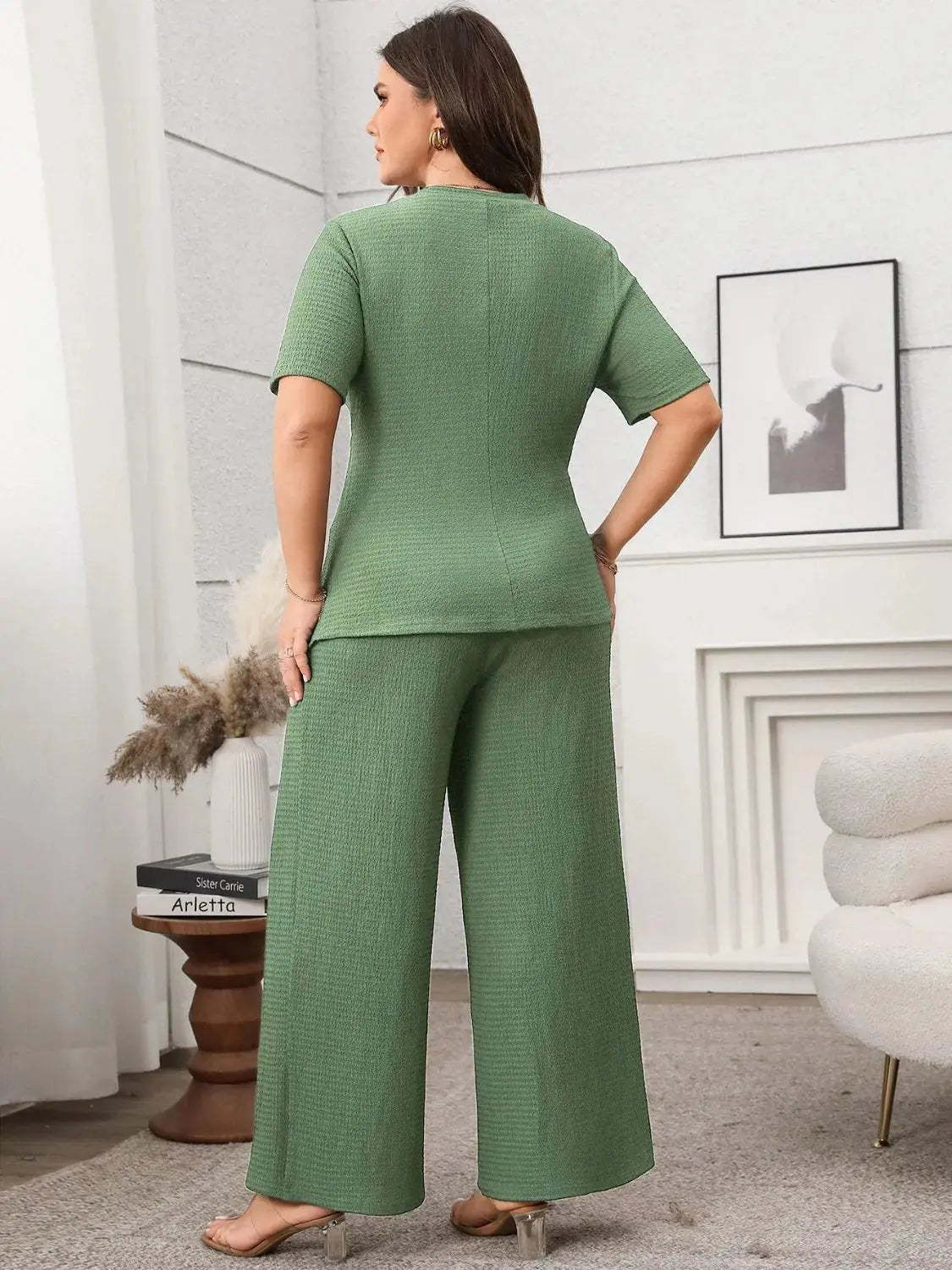 Plus Size Asymmetrical Round Neck Short Sleeve Top and Pants Set - Couture Envy