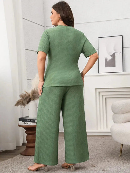 Plus Size Asymmetrical Round Neck Short Sleeve Top and Pants Set - Couture Envy