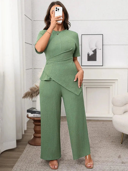 Plus Size Asymmetrical Round Neck Short Sleeve Top and Pants Set - Couture Envy