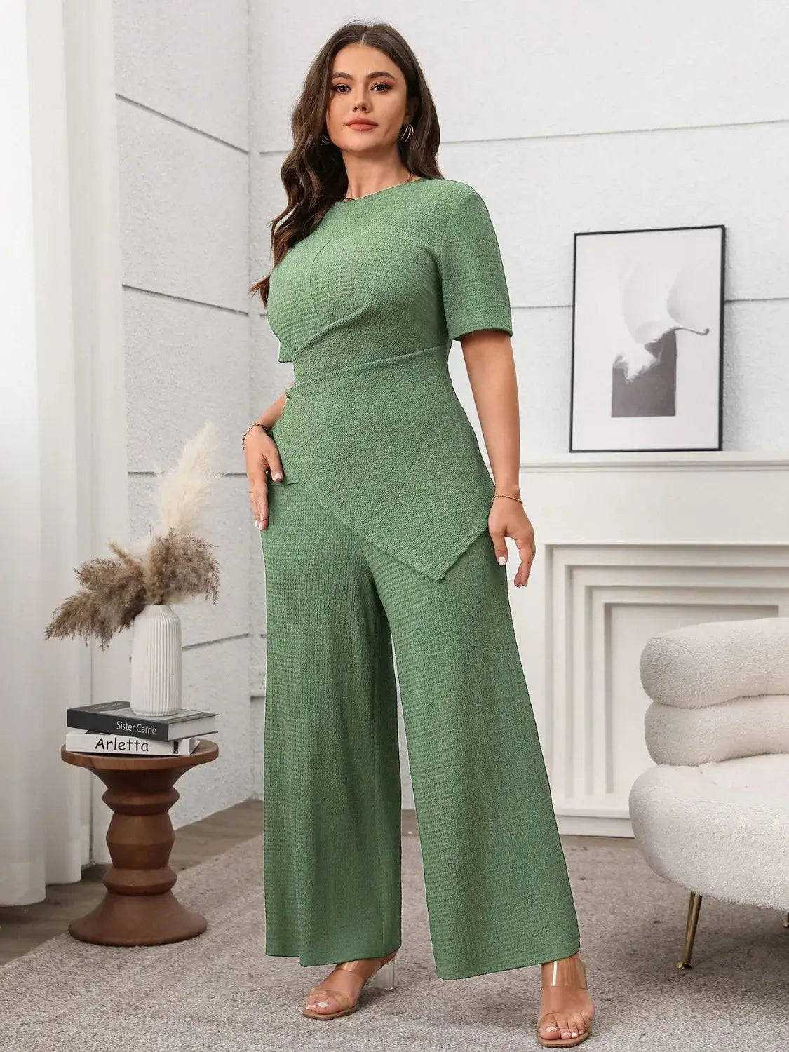 Plus Size Asymmetrical Round Neck Short Sleeve Top and Pants Set - Couture Envy