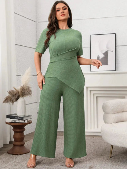 Plus Size Asymmetrical Round Neck Short Sleeve Top and Pants Set - Couture Envy