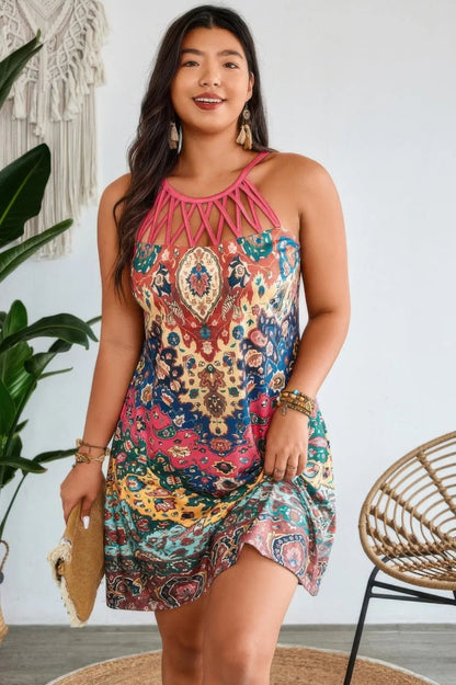 Plus Size Boho Halterneck Sleeveless Dress - Couture Envy