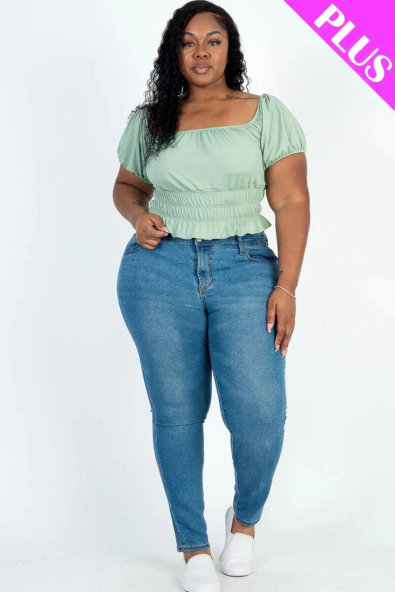 Plus size casual ruched puff sleeve ribbed knit solid top - Couture Envy