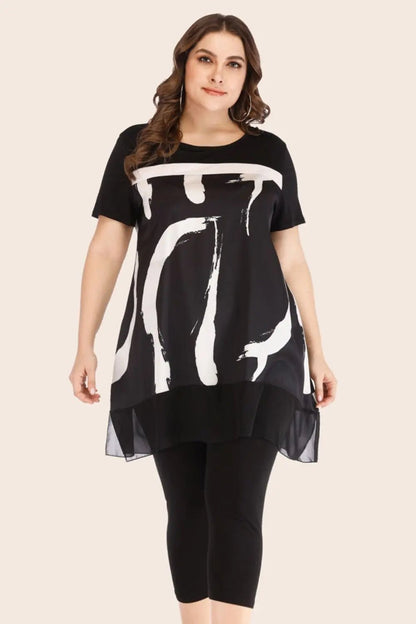 Plus Size Contrast Spliced Mesh T-Shirt and Cropped Leggings Set - Couture Envy