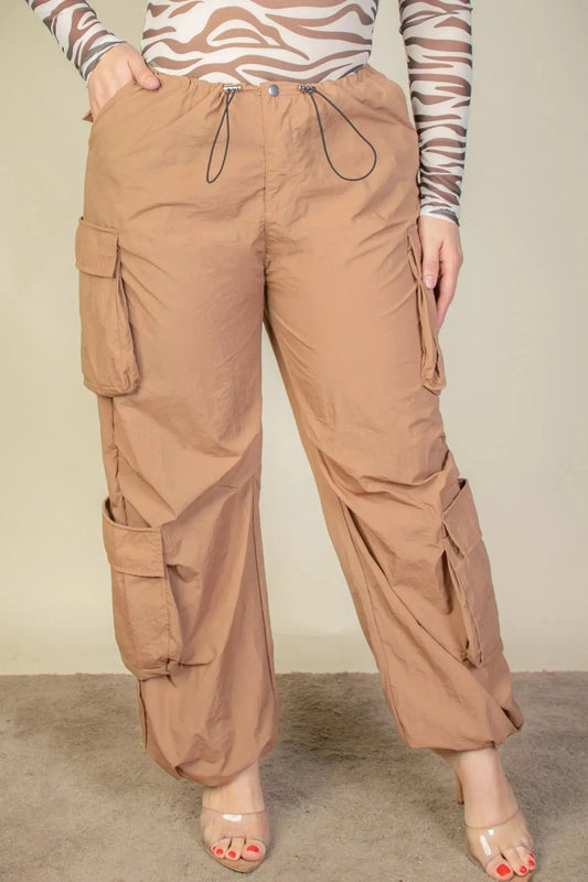 Plus Size Flap Pockets Drawstring Ruched Parachute Pants - Couture Envy