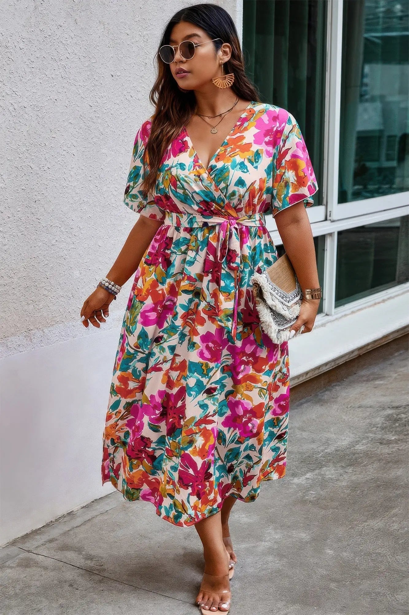 Plus Size Floral Print Cross Belt Fit Dress - Couture Envy