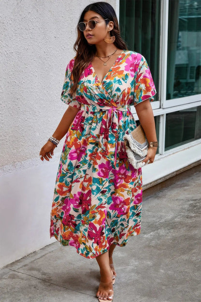 Plus Size Floral Print Cross Belt Fit Dress - Couture Envy