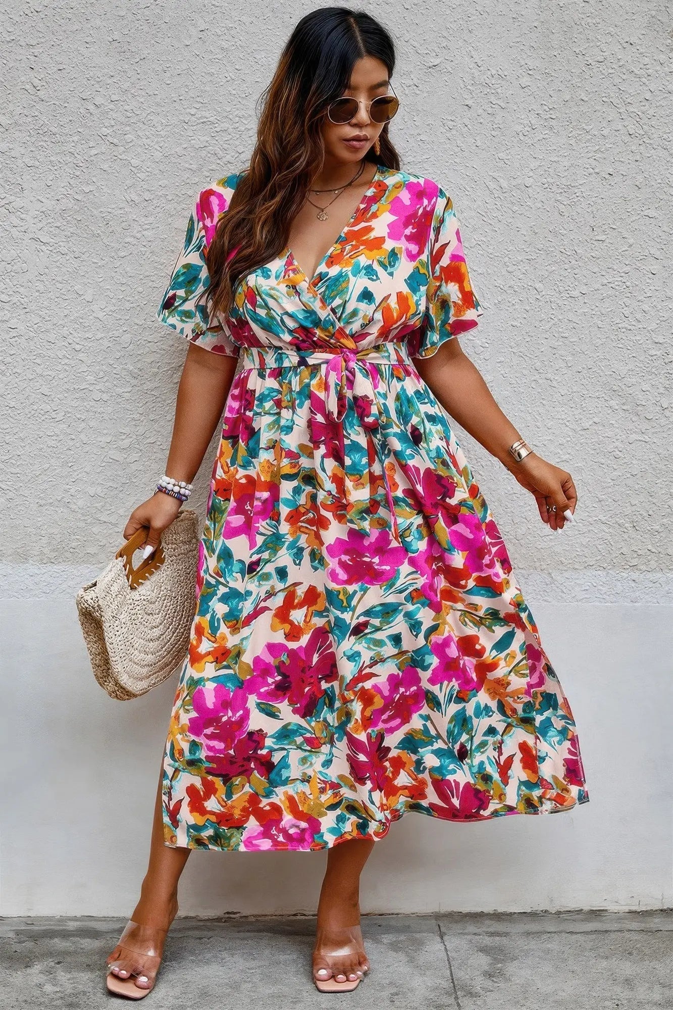 Plus Size Floral Print Cross Belt Fit Dress - Couture Envy