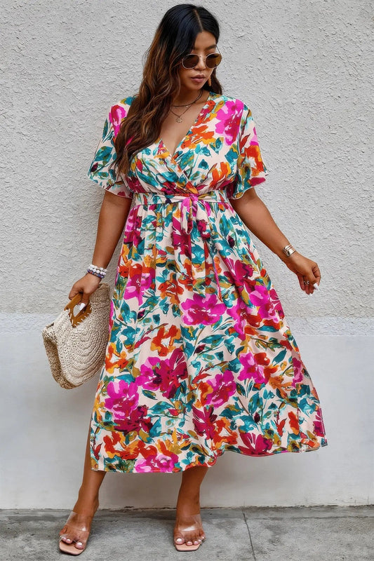 Plus Size Floral Print Cross Belt Fit Dress - Couture Envy