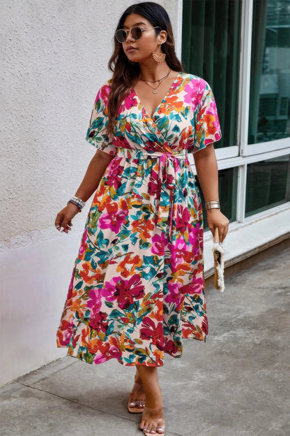 Plus Size Floral Print Cross Belt Fit Dress - Couture Envy