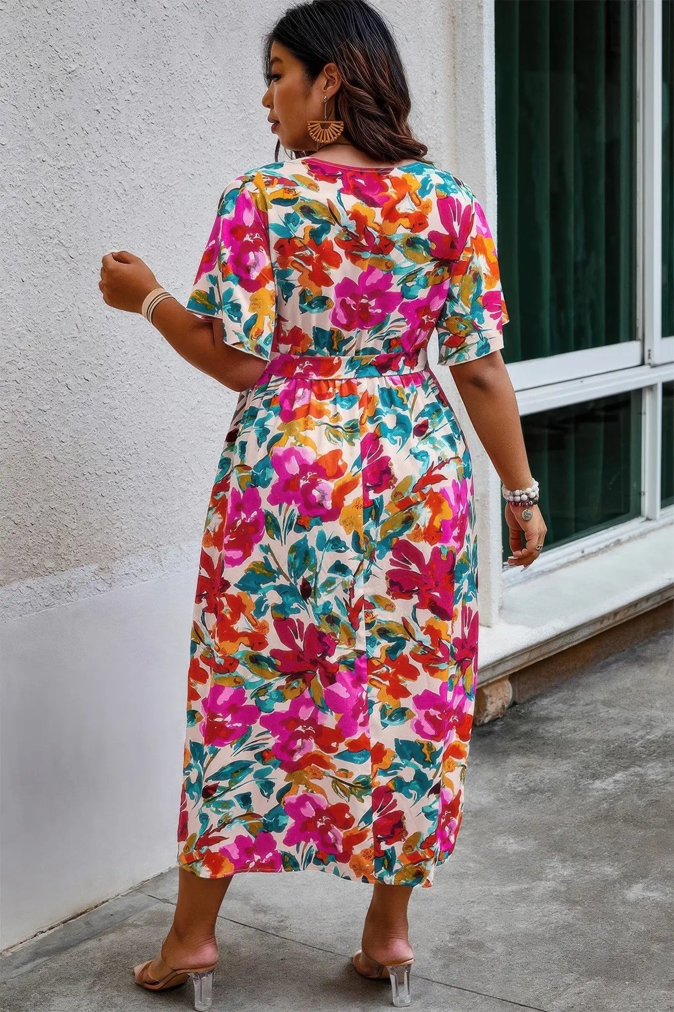 Plus Size Floral Print Cross Belt Fit Dress - Couture Envy