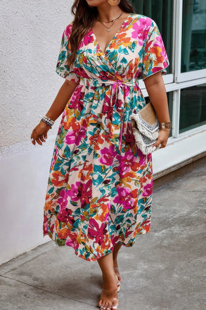 Plus Size Floral Print Cross Belt Fit Dress - Couture Envy