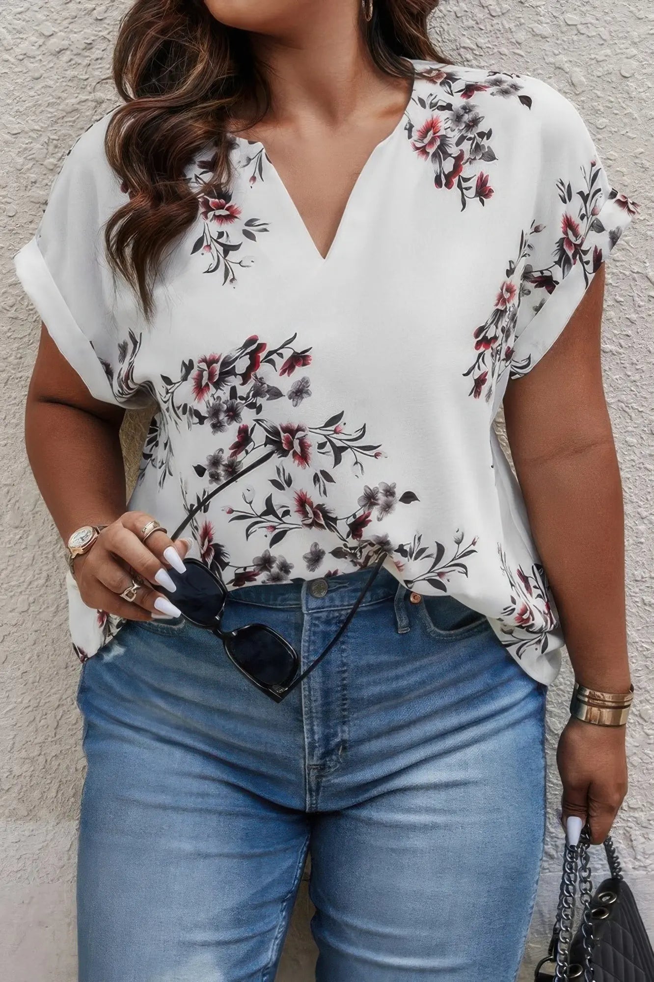 Plus Size Floral Print V Neck Loose Blouse - Couture Envy