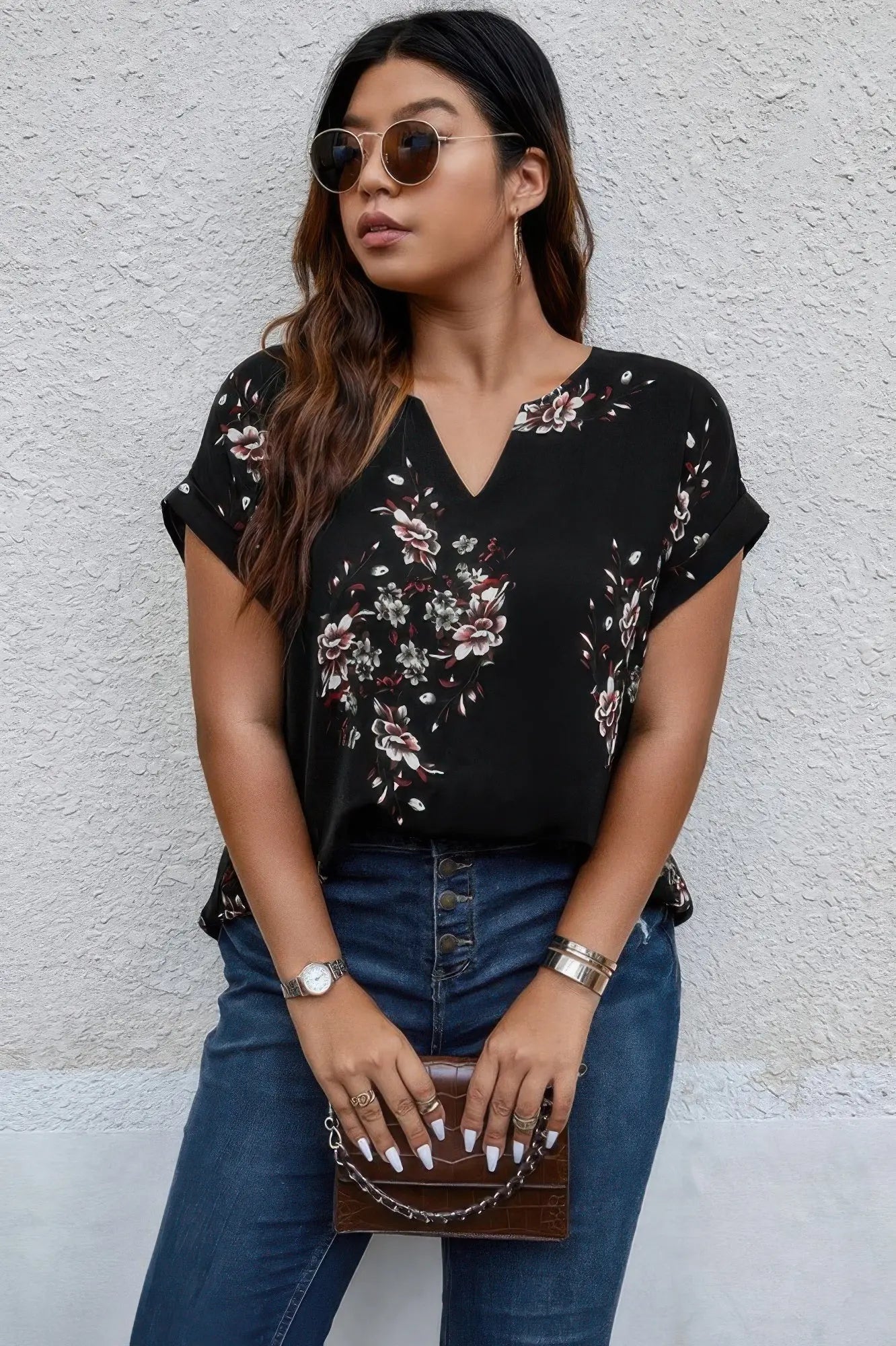 Plus Size Floral Print V Neck Loose Blouse - Couture Envy