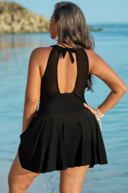 Plus Size Halter Ruched Sleeveless Swim Dress - Couture Envy