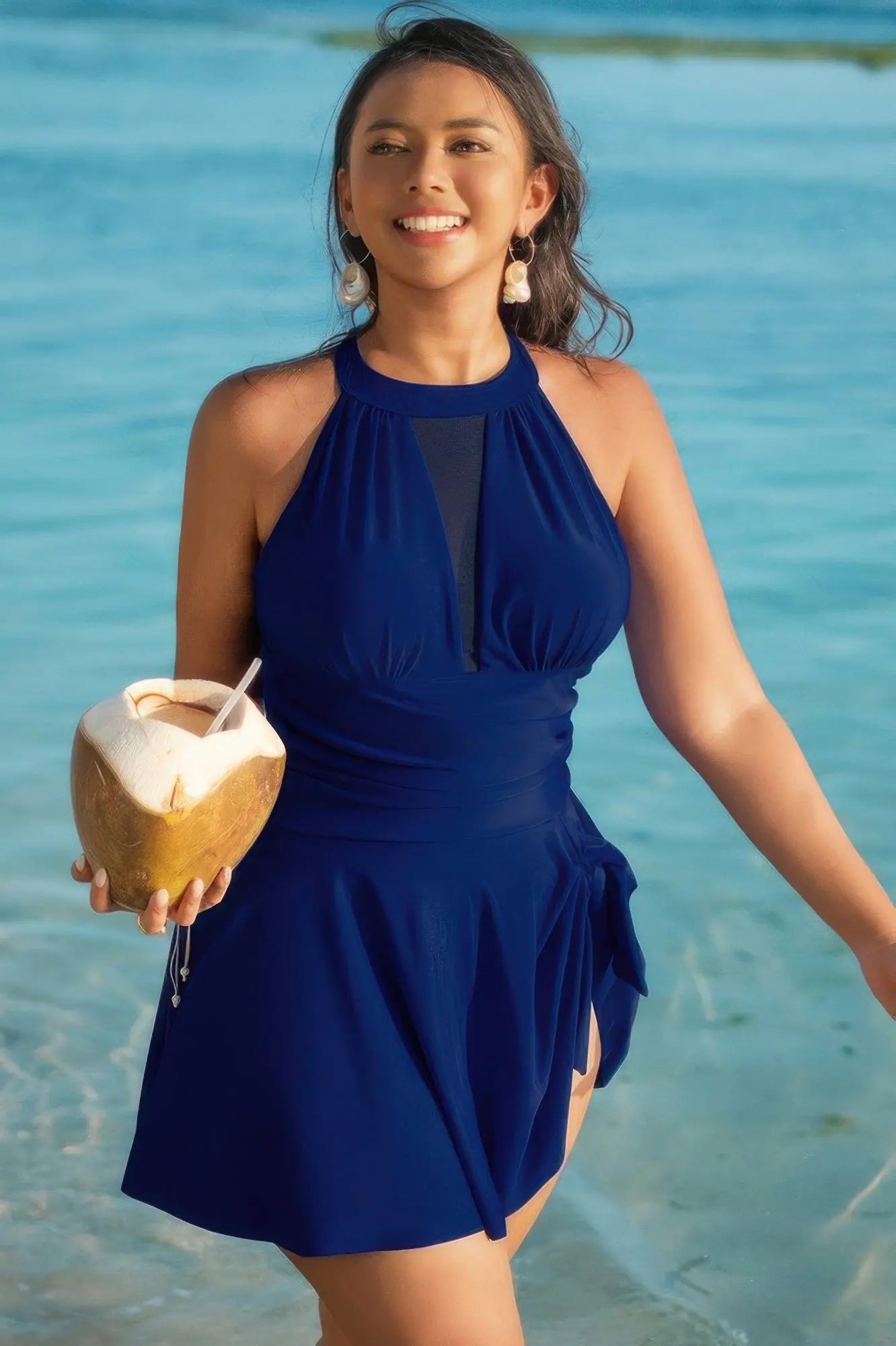 Plus Size Halter Ruched Sleeveless Swim Dress - Couture Envy