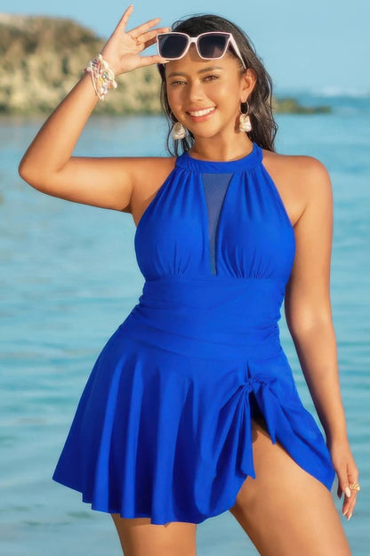 Plus Size Halter Ruched Sleeveless Swim Dress - Couture Envy
