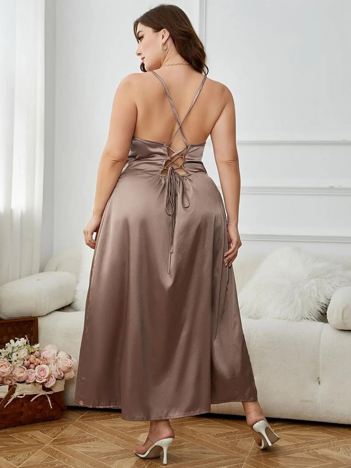 Plus Size Lace - Up Spaghetti Strap Split Night Dress - Couture Envy