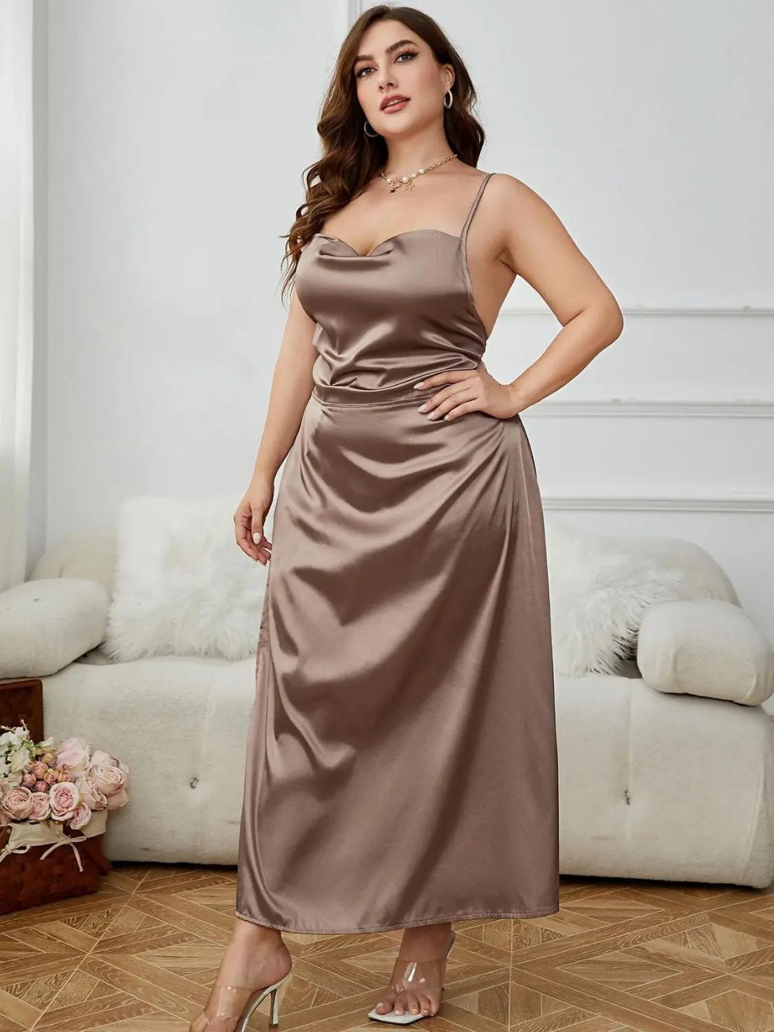 Plus Size Lace - Up Spaghetti Strap Split Night Dress - Couture Envy
