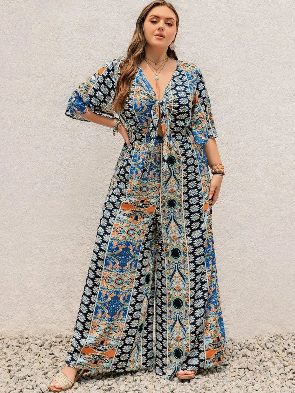 Plus Size Printed Half Sleeve Wide Leg Jumpsuit - Couture Envy